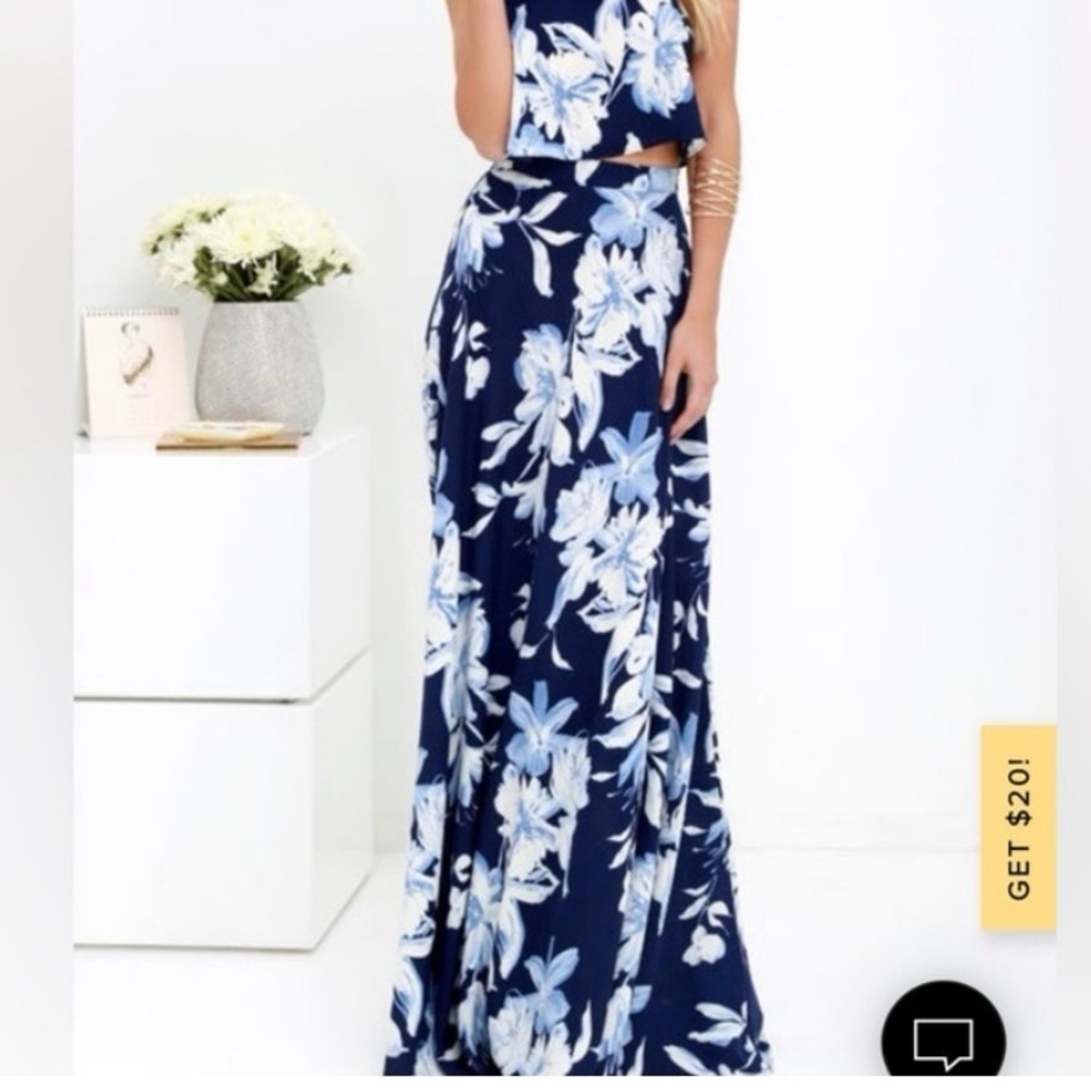 Lulus blue tropical flower flowy maxi skirt